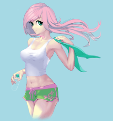 Size: 1306x1403 | Tagged: safe, artist:uher0, fluttershy, human, equestria girls, g4, anime style, armpits, belly button, bottle, clothes, female, humanized, light skin, midriff, shorts, smiling, solo, tank top, water bottle, windswept mane