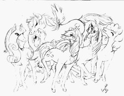 Size: 1024x796 | Tagged: safe, artist:luna-chichi, applejack, fluttershy, pinkie pie, rainbow dash, rarity, twilight sparkle, g4, mane six, monochrome, traditional art