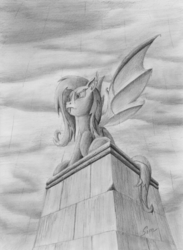 Size: 1818x2490 | Tagged: safe, artist:abyssalemissary, fluttershy, gargoyle, g4, female, monochrome, solo, traditional art