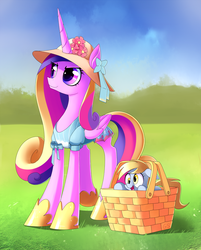 Size: 800x996 | Tagged: safe, artist:gsphere, derpy hooves, princess cadance, pegasus, pony, g4, basket, clothes, cute, derpabetes, dress, female, hat, mare, picnic basket