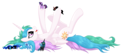 Size: 3200x1440 | Tagged: safe, artist:ohemo, king sombra, nightmare moon, princess celestia, queen chrysalis, trixie, twilight sparkle, alicorn, changeling, pony, unicorn, g4, chrysalis plushie, curved horn, cute, cutelestia, doll, female, hoof hold, horn, legs in air, male, mare, messy mane, missing accessory, on back, open mouth, playing, playing with toys, pointy ponies, ponies playing with ponies, simple background, smiling, solo, stallion, toy, transparent background, trixie doll, trixie plushie, twilight sparkle plushie, underhoof