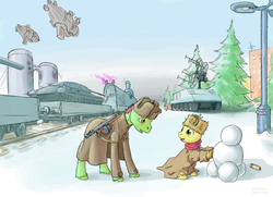 Size: 1100x798 | Tagged: safe, artist:adeptus-monitus, oc, oc only, earth pony, pony, fallout equestria, airship, armored train, colt, command and conquer, crossover, male, military, snowman, snowpony, stallion, tank (vehicle), train, unshorn fetlocks