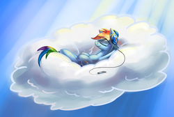 Size: 1535x1031 | Tagged: safe, artist:underpable, rainbow dash, pegasus, pony, g4, cloud, eyes closed, female, headphones, ipod, on a cloud, solo