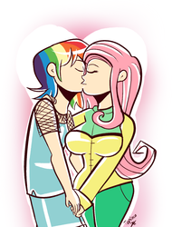 Size: 759x1000 | Tagged: safe, artist:php52, fluttershy, rainbow dash, human, g4, breasts, busty fluttershy, duo, eyes closed, female, humanized, kissing, lesbian, light skin, ship:flutterdash, shipping