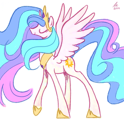 Size: 1200x1200 | Tagged: safe, artist:rwl, princess celestia, g4, eyes closed, female, profile, simple background, smiling, solo, spread wings, walking, white background