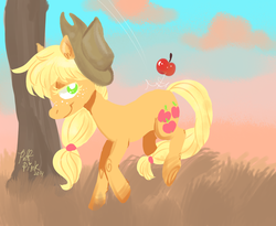 Size: 1222x1000 | Tagged: safe, artist:puffpink, applejack, g4, apple, apple/apples falling, female, solo, tree