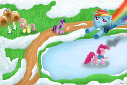 Size: 1500x1000 | Tagged: safe, artist:oggynka, fluttershy, pinkie pie, rainbow dash, twilight sparkle, bird, earth pony, pegasus, pony, rabbit, unicorn, g4, winter wrap up, clothes, female, flying, grass, ice skating, mare, skating, snow, vest, winter wrap up vest