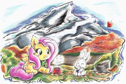 Size: 1024x678 | Tagged: safe, artist:milkcannon, angel bunny, fluttershy, g4, traditional art