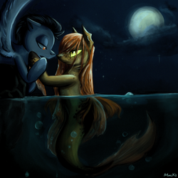 Size: 2000x2000 | Tagged: safe, artist:maexis, oc, oc only, hybrid, merpony, pegasus, pony, bubble, cloud, dorsal fin, female, fins, fish tail, flowing tail, looking at each other, male, moon, night, red eyes, signature, sky, slit pupils, spread wings, stallion, tail, water, wings, yellow eyes