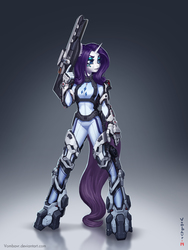 Size: 3000x4000 | Tagged: dead source, safe, artist:vombavr, rarity, anthro, unguligrade anthro, g4, armor, badass, female, gun, powered exoskeleton, rifle, science fiction, solo, tribes ascend, trigger discipline, vanquish, weapon