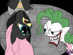 Size: 2000x1500 | Tagged: safe, artist:flutteranderson, fluttershy, pinkie pie, pony, g4, batman, crossover, dc comics, flutterbatman, grin, looking at each other, looking at someone, open mouth, pinkie joker, smiling, the joker, upside down