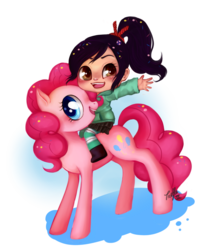 Size: 1000x1115 | Tagged: safe, artist:trefleix, pinkie pie, earth pony, human, pony, g4, crossover, female, humans riding ponies, mare, riding, simple background, transparent background, vanellope von schweetz, wreck-it ralph