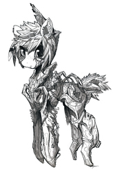 Size: 1618x2380 | Tagged: safe, artist:mirapony, oc, oc only, cyborg, armor, monochrome, powered exoskeleton, solo