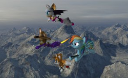 Size: 557x338 | Tagged: safe, artist:hectorny, rainbow dash, g4, 3d, bunnie rabbot, crossover, flying, gmod, male, miles "tails" prower, rouge the bat, sonic the hedgehog (series)