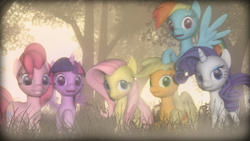 Size: 1366x768 | Tagged: safe, artist:blaze-cross, applejack, fluttershy, pinkie pie, rainbow dash, rarity, twilight sparkle, alicorn, pony, g4, 3d, female, forest, gmod, mane six, mare, twilight sparkle (alicorn)