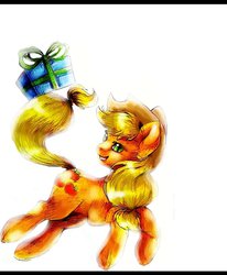 Size: 800x970 | Tagged: safe, artist:art-surgery, applejack, earth pony, pony, g4, female, looking up, present, running, smiling, solo