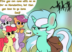 Size: 1400x1000 | Tagged: safe, artist:lightningnickel, apple bloom, lyra heartstrings, scootaloo, sweetie belle, g4, bandaid, cute, cutie mark crusaders, professor lyra, tumblr