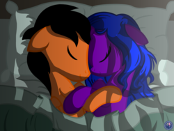 Size: 4000x3000 | Tagged: safe, artist:template93, oc, oc only, pegasus, pony, unicorn, bed, commission, cute, night, sleeping, snuggling