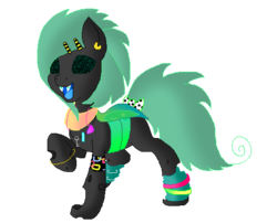 Size: 521x420 | Tagged: safe, artist:princessamity, oc, oc only, changeling, 80s, accessory, bow, bracelet, braces, changeling oc, dancing, earring, green changeling, green eyes, hairclip, key, leg warmers, necklace, simple background, smiling, solo, transparent background, vector