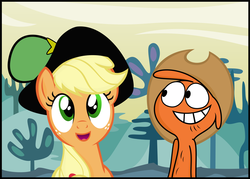 Size: 3447x2468 | Tagged: dead source, safe, artist:jittery-the-dragon, applejack, g4, accessory swap, crossover, friendshipping, hat, hat swap, wander (wander over yonder), wander over yonder, wander's hat
