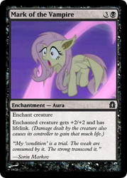 Size: 375x523 | Tagged: safe, edit, edited screencap, screencap, fluttershy, bat pony, pony, vampire, bats!, g4, ccg, cropped, fangs, female, flutterbat, magic the gathering, mare, race swap, solo, trading card, trading card edit