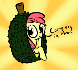 Size: 453x406 | Tagged: safe, artist:heretichesh, apple bloom, g4, adorabloom, cute, durian, female, solo, wat