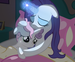 Size: 1200x1000 | Tagged: safe, artist:ponyecho, rarity, sweetie belle, pony, unicorn, g4, bed, bed mane, belle sisters, comforting, crying, cute, description in comments, eyes closed, female, filly, floppy ears, frown, glowing horn, heartwarming, holding, horn, hug, light, magic, mama rarity, mare, nightmare, sad, scared, show accurate, siblings, sisters, smiling, story in the comments, story included, sweet dreams fuel, wholesome