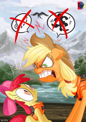 Size: 2480x3508 | Tagged: safe, artist:jowyb, apple bloom, applejack, that friggen eagle, eagle, earth pony, pony, g4, pinkie apple pie, angry, applejack is not amused, applelicious, bloodshot eyes, boat, bow, dancing, eye contact, female, filly, fire, floppy ears, glare, hair bow, hat, lifejacket, lip bite, looking at each other, mare, no fun allowed, open mouth, pictogram, rage, scene interpretation, singing, speech bubble, water, wide eyes, you had one job