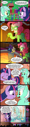 Size: 524x2200 | Tagged: safe, artist:madmax, daring do, lyra heartstrings, mare do well, pinkie pie, twilight sparkle, human, pony, unicorn, g4, batman, comic, dc comics, female, green screen, laser pointer, le, mare, peril, pinkie scepter, presentation, shower, the riddler, tied up, twilight scepter