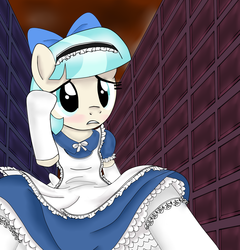 Size: 2500x2600 | Tagged: safe, artist:avchonline, coco pommel, earth pony, pony, g4, alice in wonderland, bloomers, blushing, bow, clothes, crossover, disney, dress, female, giant pony, giant/macro earth pony, giant/mega coco pommel, giantess, macro, puffy sleeves, solo