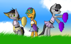 Size: 1280x789 | Tagged: safe, artist:mechashockwave, octavia melody, snails, oc, oc:aero, pegasus, pony, robot, robot pony, semi-anthro, g4, ask-robot-octavia, bipedal, cheerleader, clothes, colt, crossdressing, cute, glitter shell, grass, looking at you, male, midriff, offspring, open mouth, parent:derpy hooves, parent:oc:warden, parents:canon x oc, parents:warderp, pom pom, roboticization, skirt, smiling, wink