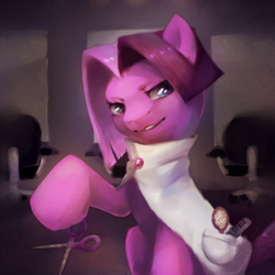 Size: 500x500 | Tagged: safe, artist:cuppae, vidala swoon, earth pony, pony, g4, brush, chair, clothes, comb, female, hairbrush, lidded eyes, mare, mirror, scissors, solo