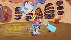 Size: 1912x1080 | Tagged: artist needed, source needed, safe, applejack, fluttershy, pinkie pie, princess celestia, rainbow dash, rarity, twilight sparkle, alicorn, earth pony, pegasus, pony, unicorn, g4, cake, female, golden oaks library, horn, library, mane six, mare, partillery, party cannon