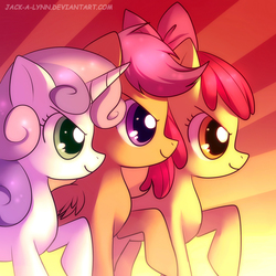 Size: 2222x2222 | Tagged: dead source, safe, artist:jacky-bunny, apple bloom, scootaloo, sweetie belle, earth pony, pegasus, pony, unicorn, flight to the finish, g4, abstract background, apple bloom's bow, bow, cutie mark crusaders, determined, female, filly, foal, hair bow, hearts as strong as horses, raised hoof