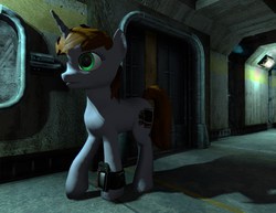 Size: 1198x924 | Tagged: safe, oc, oc only, oc:littlepip, pony, unicorn, fallout equestria, 3d, fan game, fanfic, fanfic art, female, game, game screencap, hooves, horn, indoors, mare, pipbuck, solo, stable (vault), stable 2, vault