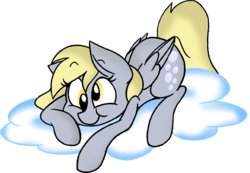 Size: 1558x1080 | Tagged: safe, artist:strangiesleepy, derpy hooves, pegasus, pony, g4, :t, cloud, cute, derpabetes, female, mare, prone, simple background, smiling, solo, transparent background