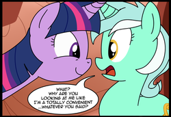 Size: 524x359 | Tagged: safe, artist:madmax, edit, lyra heartstrings, twilight sparkle, g4, comic, cropped, out of context