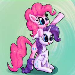Size: 1000x1000 | Tagged: safe, artist:senx, pinkie pie, rarity, g4, abstract background, bipedal, bipedal leaning, duo, floppy ears, full body, happy, leaning, raised hoof, side view, sitting