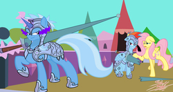 Size: 2000x1067 | Tagged: safe, artist:killkatt, fluttershy, rainbow dash, trixie, g4, crystal guard armor, dark magic, jousting, lance, magic, sombra eyes