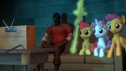 Size: 1024x576 | Tagged: safe, artist:fezwearingdoctor, apple bloom, scootaloo, sweetie belle, g4, 3d, cutie mark crusaders, demoman, demoman (tf2), eyelander, gmod, team fortress 2, television