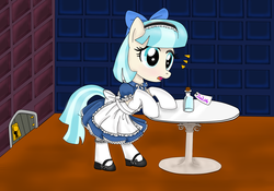 Size: 4000x2800 | Tagged: safe, artist:avchonline, coco pommel, g4, alice in wonderland, apron, bottle, clothes, crossover, door, dress, female, high res, mary janes, petticoat, pinafore, puffy sleeves, ribbon, solo, stockings