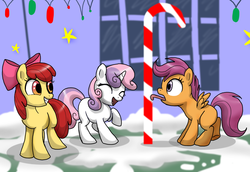 Size: 2176x1500 | Tagged: safe, artist:dawnmistpony, apple bloom, scootaloo, sweetie belle, earth pony, pegasus, pony, unicorn, g4, hearth's warming eve (episode), 8 foot candy cane, candy cane, cutie mark crusaders, hearth's warming eve, licking, snow, stuck, tongue out, tongue stuck to pole, trio