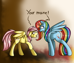 Size: 952x804 | Tagged: safe, artist:daikaluff, fluttershy, rainbow dash, g4, alternate hairstyle, care mare, duo, mane swap