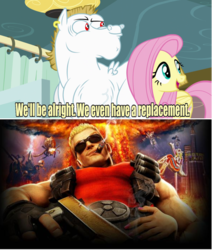 Size: 642x756 | Tagged: safe, edit, edited screencap, screencap, bulk biceps, fluttershy, human, pegasus, pony, g4, rainbow falls, duke nukem, female, male, mare, meme, replacement meme, stallion