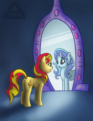 Size: 1024x1337 | Tagged: safe, artist:sleepyheadkl, sunset shimmer, pony, unicorn, g4, female, mirror, solo