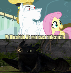 Size: 637x654 | Tagged: safe, edit, edited screencap, screencap, bulk biceps, fluttershy, dragon, pegasus, pony, g4, rainbow falls, awesome, dreamworks, how to train your dragon, meme, replacement meme, toothless the dragon, wholesome