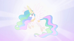 Size: 1280x720 | Tagged: safe, screencap, princess celestia, alicorn, pony, g4, lesson zero, angry, ethereal mane, female, floating, looking down, magic, mare, solo, spread wings, wings