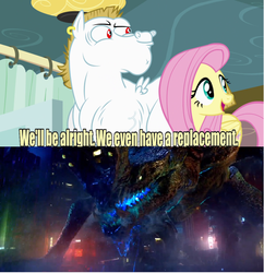 Size: 637x657 | Tagged: safe, edit, edited screencap, screencap, bulk biceps, fluttershy, kaiju, pegasus, pony, g4, rainbow falls, female, male, mare, meme, otachi, pacific rim, replacement meme, stallion