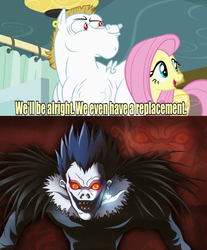 Size: 637x768 | Tagged: safe, edit, edited screencap, screencap, bulk biceps, fluttershy, g4, my little pony: friendship is magic, rainbow falls, death note, meme, replacement meme, ryuk, shinigami