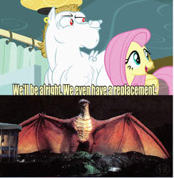 Size: 640x657 | Tagged: safe, edit, edited screencap, screencap, bulk biceps, fluttershy, kaiju, pegasus, pony, g4, my little pony: friendship is magic, rainbow falls, female, godzilla (series), male, mare, meme, replacement meme, rodan, stallion